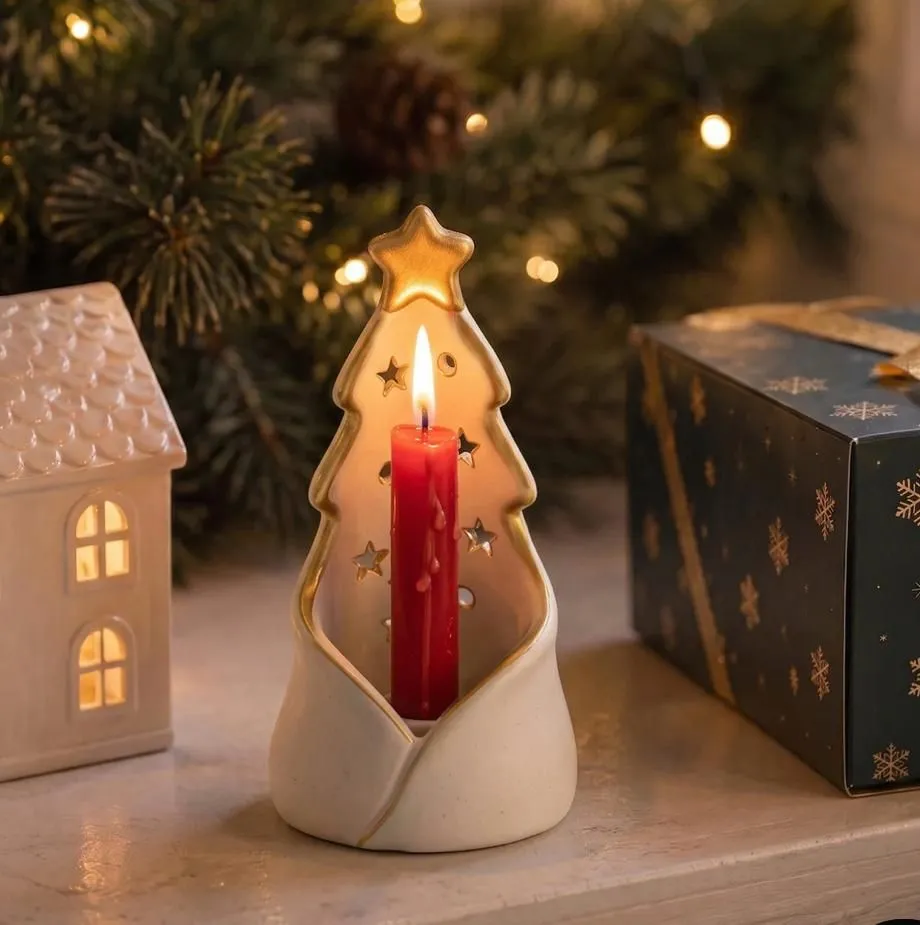 Ceramic Christmas tree tealight holder with gold star cut-outs
